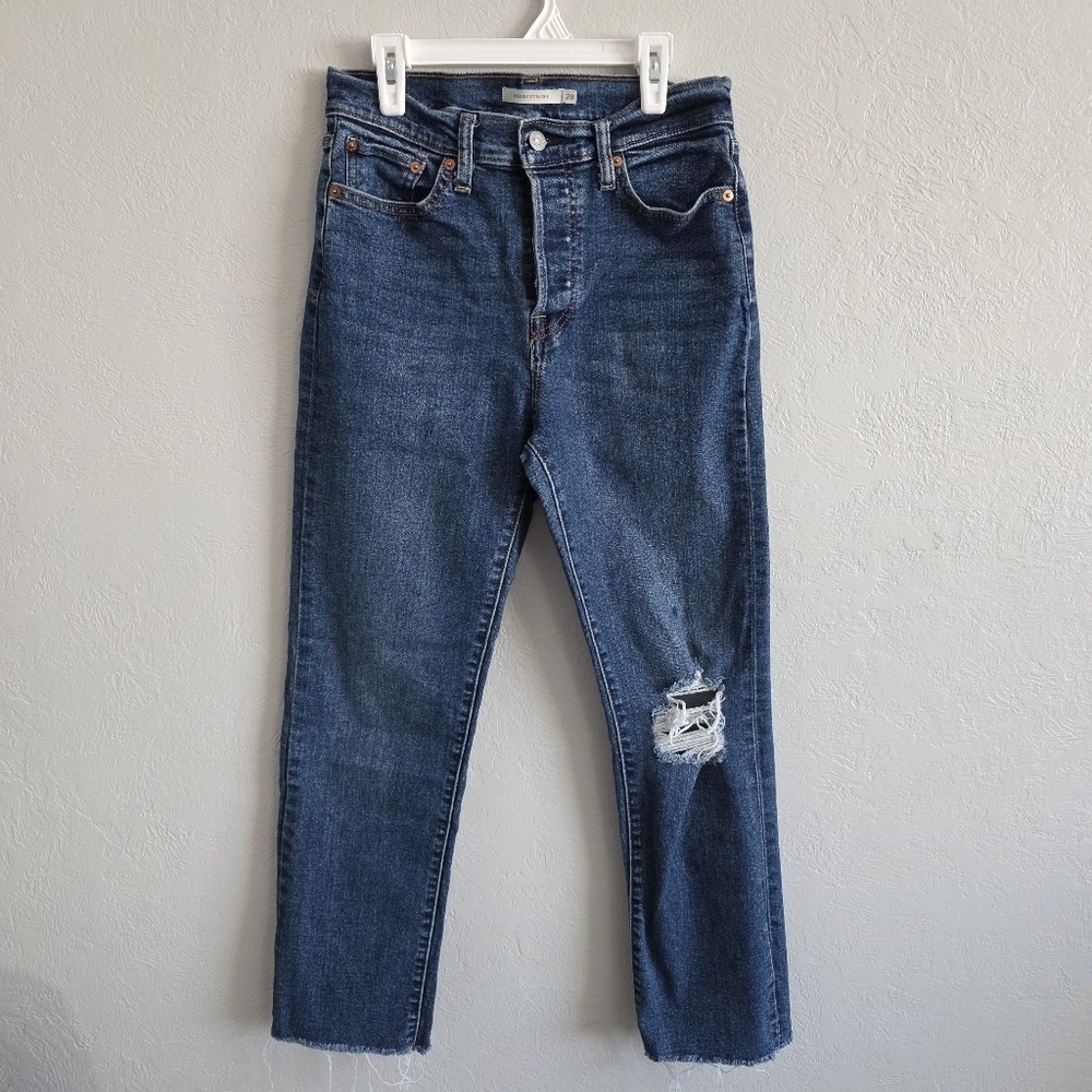 Levis Womens Wedgie Straight High-Rise Distressed Blue Denim Jeans Raw Hem Sz 28